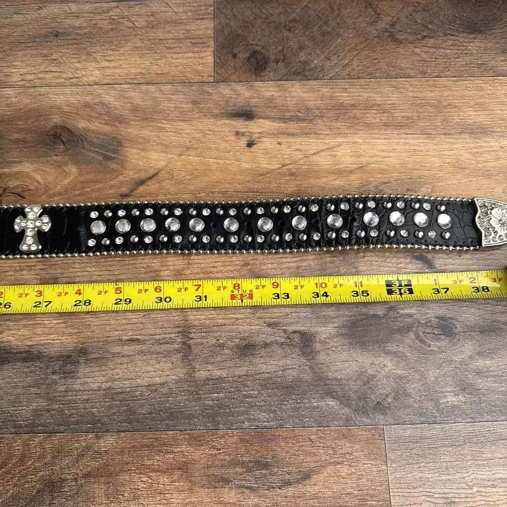 Y2K Rhinestone Studded Cross Gothic Western Belt Womens Small Black - Picture 4 of 9